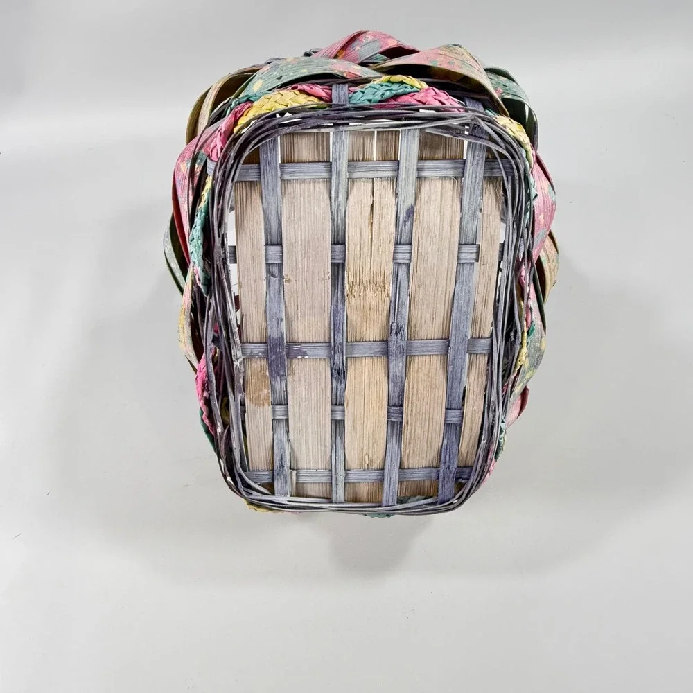 VTG Woven Basket w/ Handle 80's Pastel Multicolor Easter Cottagecore 11